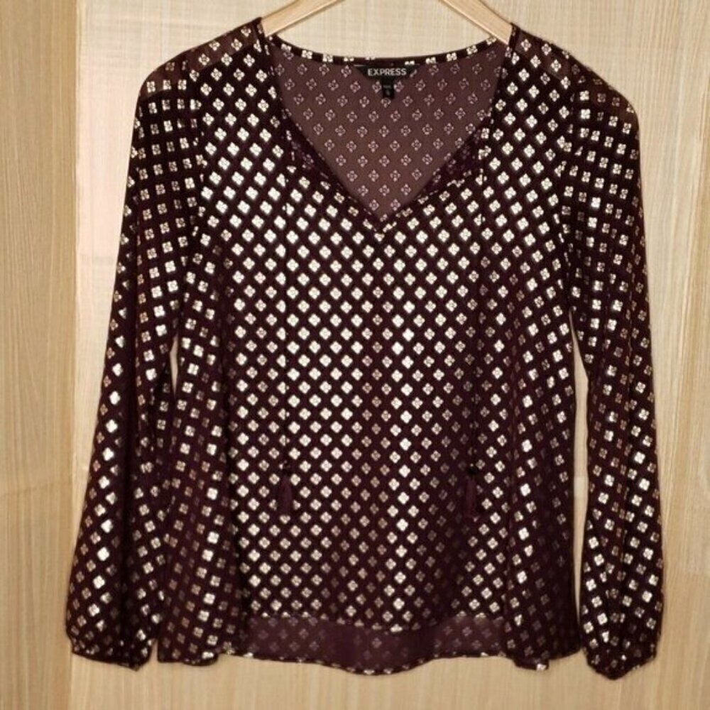 Express Bohemian Semi Sheer Blouse Metallic Print Purple XS
